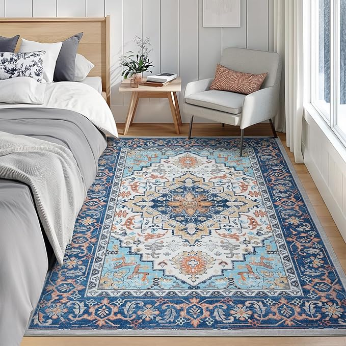 Lofus 6x9 Area Rugs for Living Room, Washable Area Rug, Rugs for Bedroom, Kitchen, Vintage Boho Carpet, Soft Non-Slip, Low Pile Large Area Rug for Office Dining Room, Floral Blue