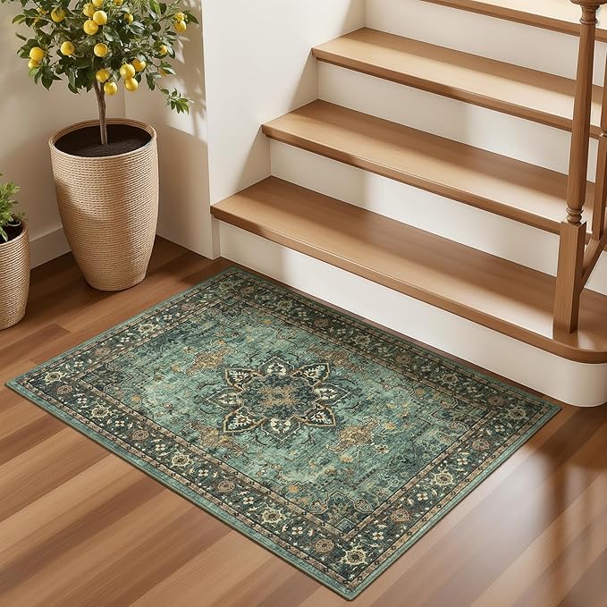 Lofus 2x3 Washable Rug for Entryway Bathroom, Non Slip Kitchen Mats for Floor, Vintage Soft Door Mat Indoor Entrance, Small Area Rugs, Farmhouse Carpet for Entry Living Room Bedroom, Green