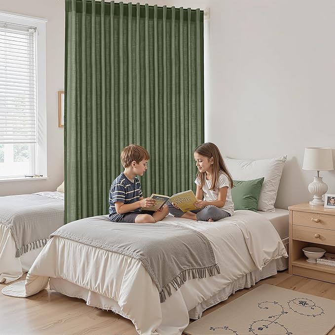 Nanspring Extra Wide Linen Curtains for Living Room 108 Inch Length for Room Divider Olive Green Rustic Farmhouse Drape Rod Pocket Back Tab Light Filtering Bedroom Window Curtain for Sliding Door