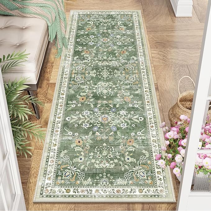 Yamaziot Washable Runner Rug 2x6 – Non Slip Boho Floral Hallway Runner Rug with Rubber Backing, Low Pile Faux Wool Distressed Carpet for Kitchen, Laundry, Bedroom, Entrance, Mottled Green