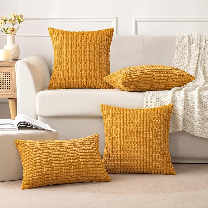 MIULEE Pack of 2 Corduroy Decorative Throw Pillow Covers 16x16 Inch Soft Boho Striped Pillow Covers Modern Farmhouse Home Decor for Summer Sofa Living Room Couch Bed Gold Yellow