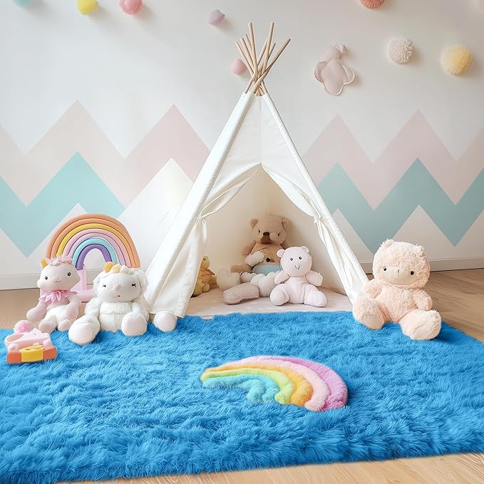 OLANLY Area Rugs for Living Room Bedroom, Machine Washable 4x5.9 ft Soft Fluffy Shaggy Bedside Rug, Indoor Floor Carpet for Kids Girls and Boys, Dorms, Nursery Rooms, Home Decor Aesthetic, Bright Blue