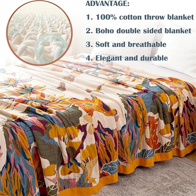 MSGKV Boho Throw Blanket for Bed 100% Cotton Throw Floral Couch Blanket 80''x90'', Spring Breathable Travel Muslin Blanket for Women Home Decor