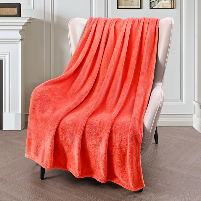 Exclusivo Mezcla Fleece Throw XL Blanket for Couch, Sofa, Super Soft and Warm Coral Orange Blankets, All Season, Cozy, Plush, Lightweight, 50x70 Inches