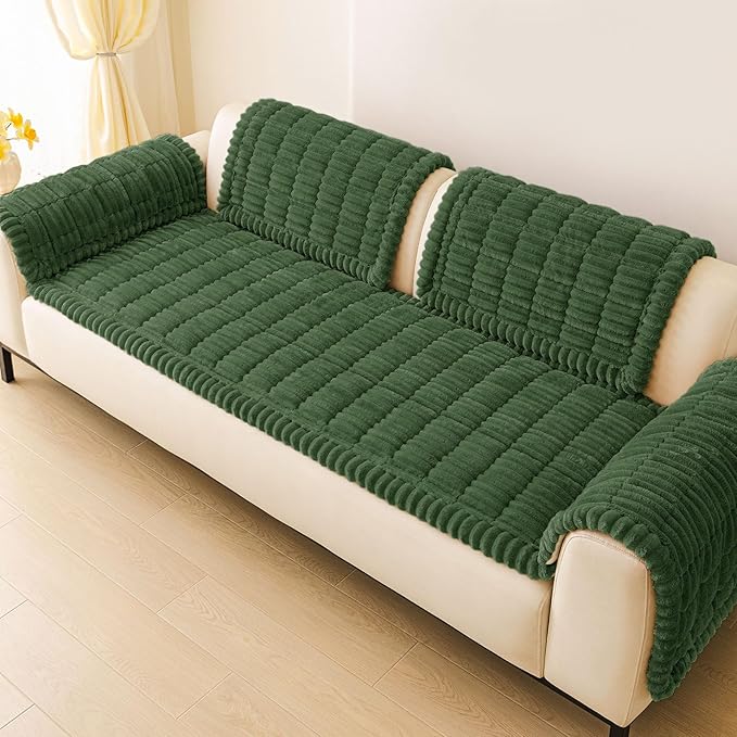 hyha Couch Covers for Dogs Washable, Non Slip Plush Dog Sofa Protectors, Fuzzy Pet Couch Covers for 3 Cushion Sofa Pet Friendly (Dark Green, 27.6" x 59")