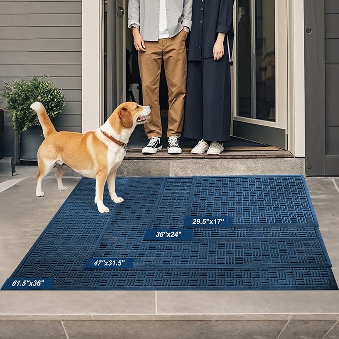 Mibao Front Door Mat Indoor Outdoor Entrance, Dirt Trapping Waterproof All-Season, All-Weather Doormat, Non-Slip Durable Natural Rubber Low Profile Easy Clean Patio Entrance Mat, 47" x 31.5", Blue
