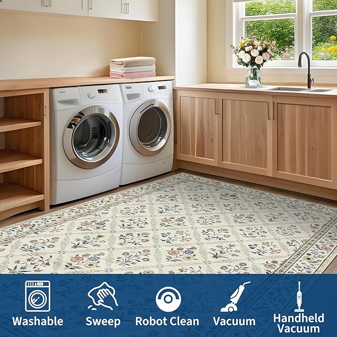Large Entryway Rug 3x5 Floral Washable Area Rugs Vintage Soft Non-Slip Small Floor Carpet Doormat Stain Resistant Low-Pile Ultra-Thin Entry Mat for Bedside Kitchen Beige