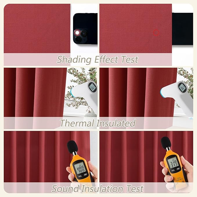 Guken Red 100% Blackout Linen Curtains 72 Inch Length 2 Panels Set for Living Room Bedroom Back Tab/Rod Pocket Thermal Insulated Black Out Drapes Room Darkening Window Curtains 72 Inches Long