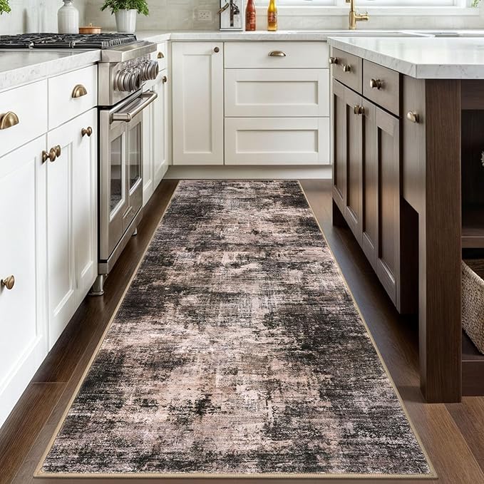 IOHOUZE Abstract Runner Rug 3x8 Ft Washable Runners for Hallways, Non Slip Kitchen Runner Printed Faux Wool Entryway Runner Indoor, Modern Abstract Floor Carpet for Hall Bedroom, Brown/Rust