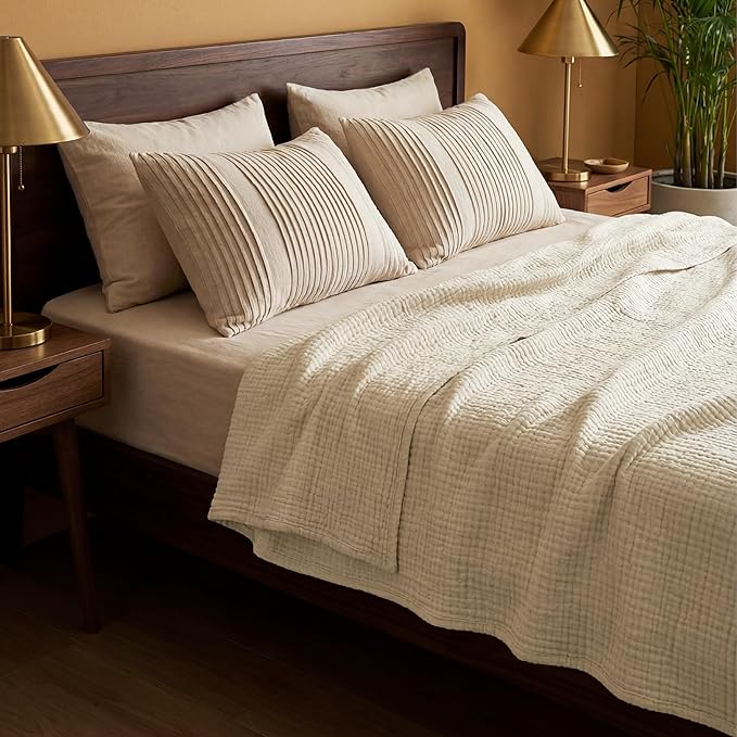 Bedsure 100% Cotton Muslin Blanket Queen Size for Bed - 4-Layer Breathable and Lightweight Thin Soft Summer Gauze Muslin Blankets for Adults, Linen Beige, 90x90 Inches