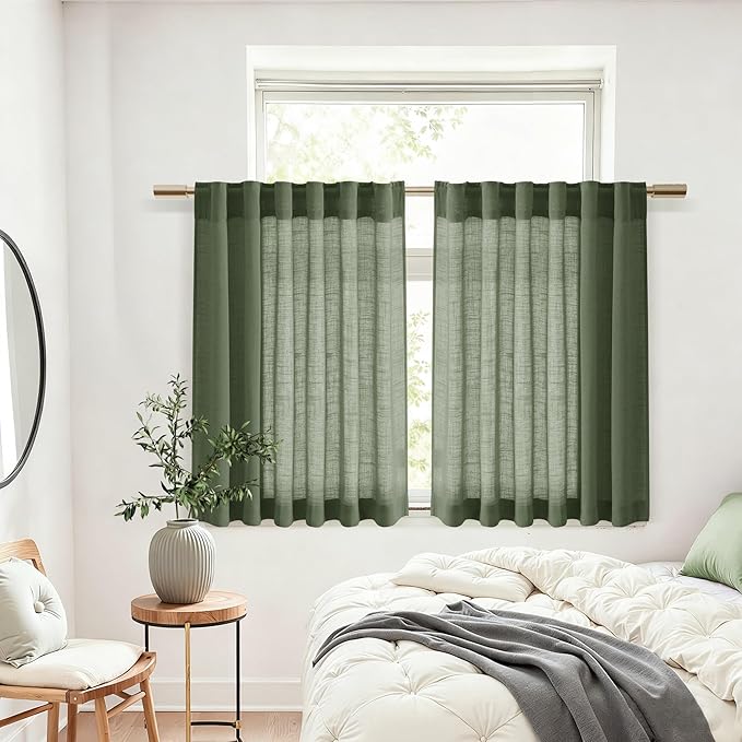 Nanspring Olive Green Linen Curtains 30 Inch Length Short Kitchen, Semi Sheer Boho Cafe Curtains Back Tab and Rod Pocket Basement Drapes for Half Window 30 x 30 Inch,2 Panels