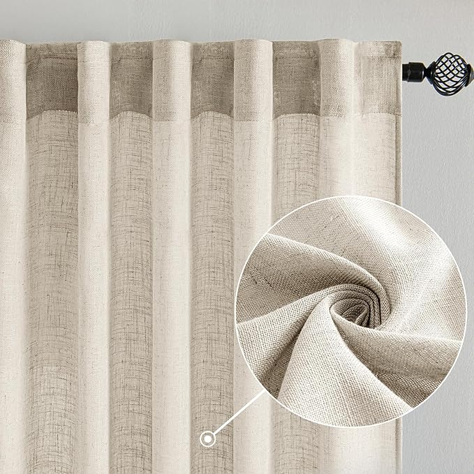 MIULEE Cream Linen Curtains 90 Inch Long 2 Panels for Bedroom Living Room, Soft Linen Textured Window Drapes Semi Sheer Light Filtering Back Tab Rod Pocket Farmhouse Modern Burlap Look Decor