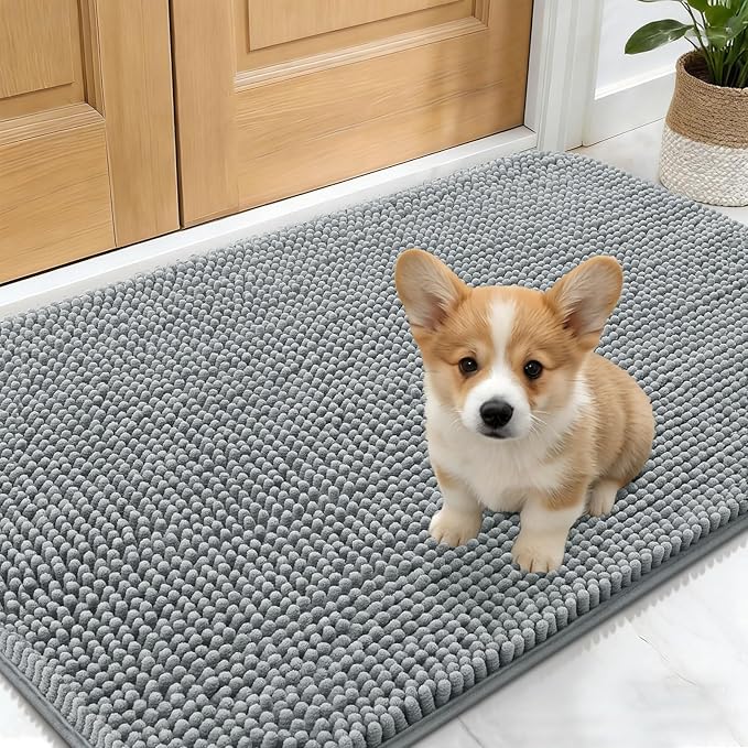 OLANLY Dog Door Mat for Muddy Paws 30x17, Absorbs Moisture and Dirt, Absorbent Non-Slip Washable Doormat, Quick Dry Chenille Mud Mat for Dogs, Entry Indoor Entryway Carpet for Inside Floor, Grey