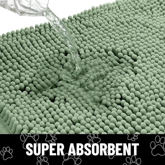 Smiry Dog Door Mat for Muddy Paws, Absorbent Dirt Trapper Non Slip Quick Dry Washable Chenille Mat for Mud Dogs, Entry Rug for Indoor and Outdoor (48x30 Inches, Olive Green and Black)