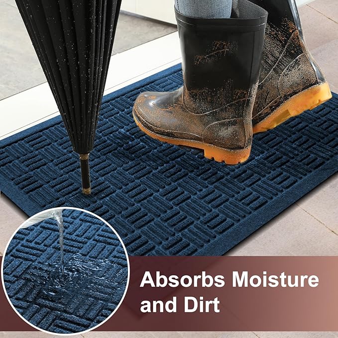 Mibao Front Door Mat Indoor Outdoor Entrance, Dirt Trapping Waterproof All-Season, All-Weather Doormat, Non-Slip Durable Natural Rubber Low Profile Easy Clean Patio Entrance Mat, 47" x 31.5", Blue