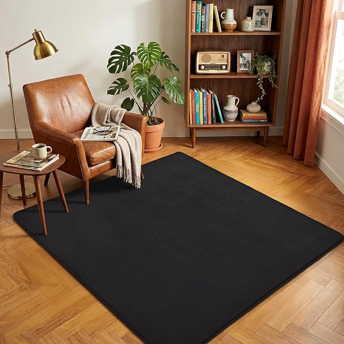 Amearea 6x6 Square Area Rugs for Bedroom Living Room, Modern Black Thickened Memory Foam Rug, Fluffy Indoor Washable Rugs Non Slip Minimalist Carpet for Kids Boys Girls Dorm Nursery Room Decor