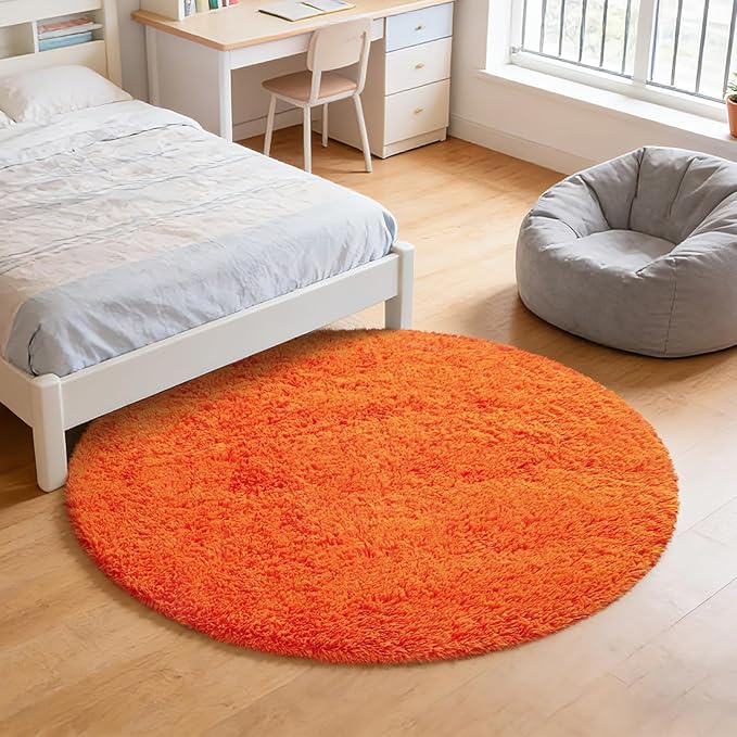 Orange Fluffy Round Rug,Soft Area Rugs for Girls Room,Shaggy Rugs 3'X3' for Living Room,Non Slip Circle Rug for Kids Bedroom,Shag Plush Nursery Carpets,Fuzzy Plush Rug for Dorm,Cute Room Decor Carpet