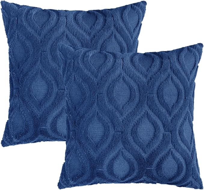 decorUhome Throw Pillow Covers 16x16 Inch Set of 2, Soft Plush Faux Wool Dark Blue Solid Couch Pillow Covers, Accent Farmhouse Neutral Square Pillow Cases for Sofa Bed Living Room