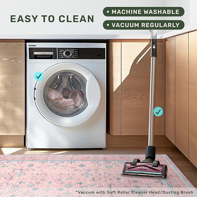 Washable Pink and Blue 8x10 Oushak Rugs for Bedroom Girls Dorm Living Room, Modern Floral Aethestic Distressed Design, Soft Faux Wool Low Pile Non Slip Stain Resistance Carpet