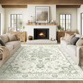 Madane 6x9 Area Rugs for Living Room, Vintage Stain Resistant Area Rug, Washable Floral Print Thin Floor Carpet with Non-Slip Backing for Bedroom Dining Room, Green/Ivory