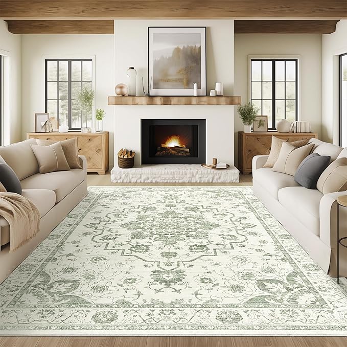 Madane 6x9 Area Rugs for Living Room, Vintage Stain Resistant Area Rug, Washable Floral Print Thin Floor Carpet with Non-Slip Backing for Bedroom Dining Room, Green/Ivory