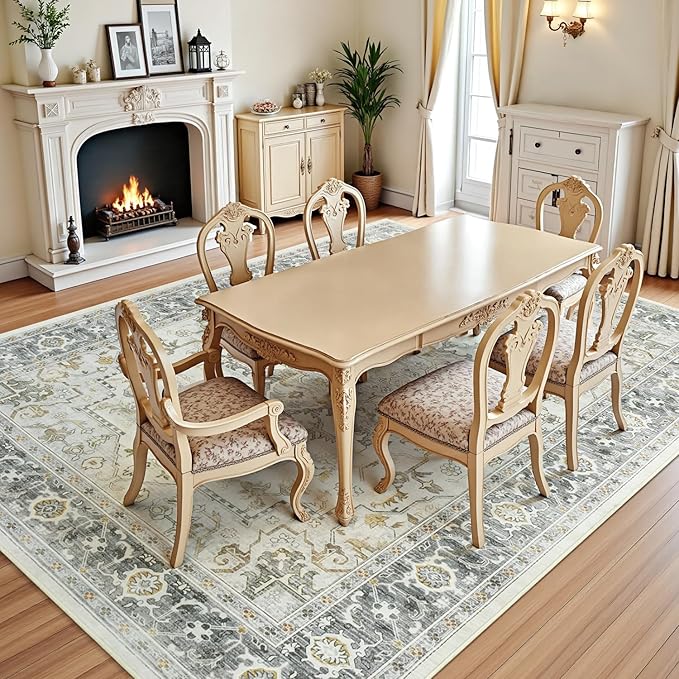 Lofus 5x7 Area Rugs for Living Room, Machine Washable Non-Slip Area Rug, Low Pile Large Rugs for Bedroom, Kitchen, Dining Room, Home Office, Vintage Oriental Print Rug, Taupe Grey