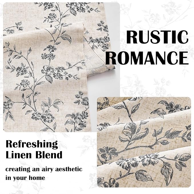 Lazzzy Farmhouse Linen Curtains Black Floral Curtains 96 Inch Length Back Tab Drapes for Living Room Bedroom Light Filtering Country Vintage Rod Pocket Curtain, 2 Panels, Black on Beige