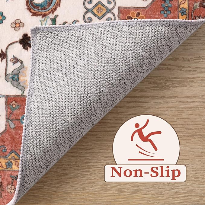 SERISSA Area Rug 3x5 Boho Orange Rugs for Bedroom, Washable Kitchen Rugs Non-Slip, Ultra Soft Print Distressed Vintage Entry Rug Low-Pile Throw Rug Carpet for Nursery Living Room Dorm Decor