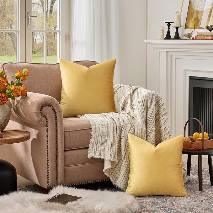 GIGIZAZA Decorative Couch Throw Pillow Covers,Set of 2 Yellow Square Pillow Cushion Covers 22x22,Pillow Cases Velvet Pillow Covers