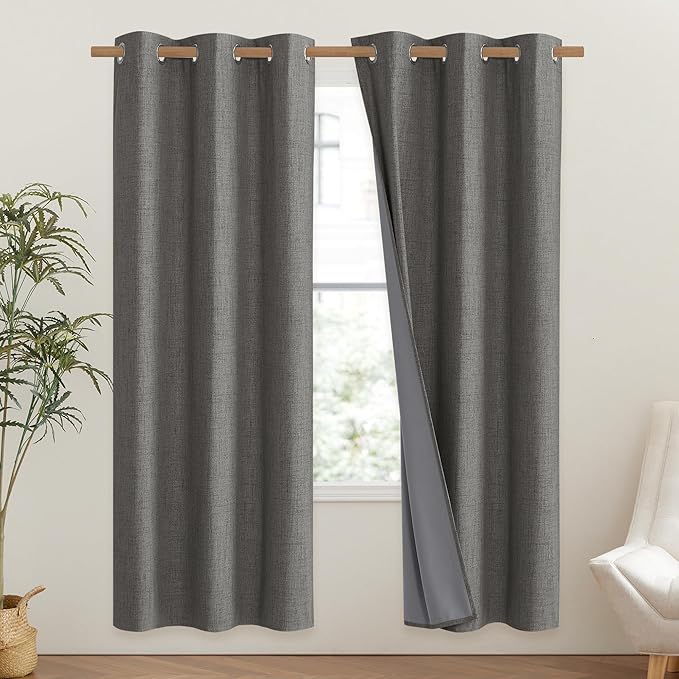 NICETOWN Grizzle Gray Vintage Linen 100% Blackout Curtains for Classroom, Thermal Insulated Curtains 72" Long, Noise Reducing Window Treatment Drapes for Gym Room, 42" Wide Per Panel, Set of 2