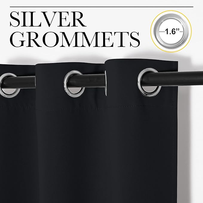 NICETOWN Bathroom Blackout Curtains and Drapes 48 inches Length, Black Solid Thermal Insulated Grommet Blackout Drapery Panels for Window (2 Panels, 34 inches Wide, Black)