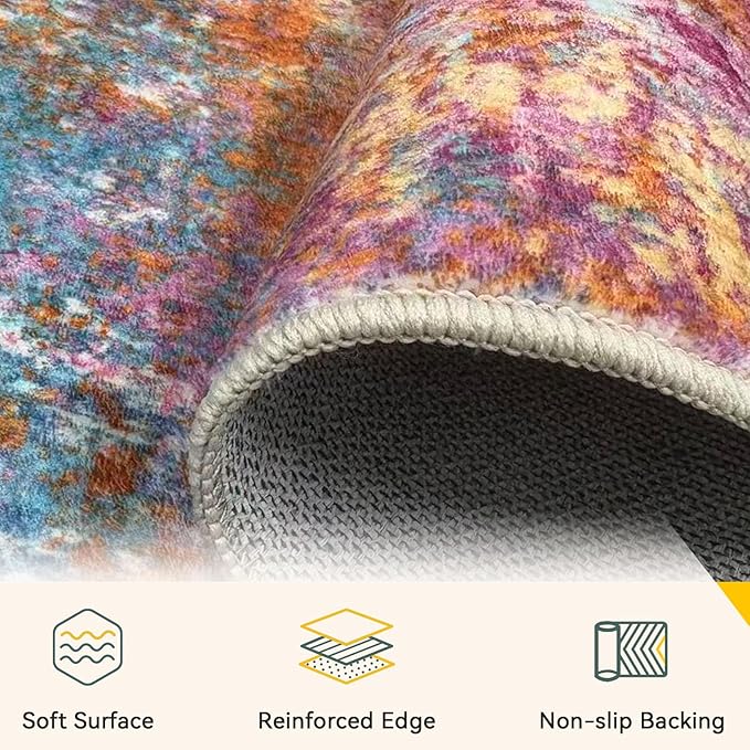 Washable Area Rugs 6'x9' Non-Slip Modern Abstract Soft for Living Room Entryway Bedroom Nursery, Print Pattern, Orange Blue Pink Yellow Colorful