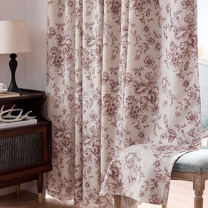 jinchan Blackout Floral Curtains for Living Room Bedroom Linen Blend Curtain Farmhouse Brick Red Printed with Lined Back Tab Rod Pocket Drapes Window Treatments 2 Panels 96 Inch