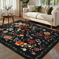 Rugflix 5x7 Washable Area Rug for Living Room, Soft Non Slip Low Pile Carpet, Floral Vintage Stain Resistant Rugs for Bedroom, Dining Room, Home Office, Black