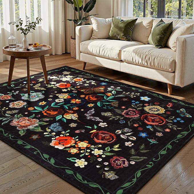 Rugflix 5x7 Washable Area Rug for Living Room, Soft Non Slip Low Pile Carpet, Floral Vintage Stain Resistant Rugs for Bedroom, Dining Room, Home Office, Black
