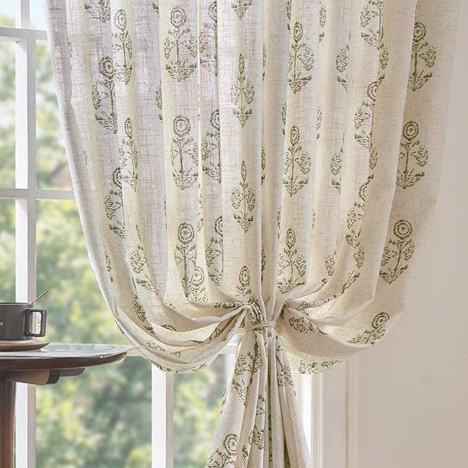 jinchan Linen Floral Curtains for Living Room 63 Inch Length Green Flower Cottage Core Farmhouse Curtains Rod Pocket Back Tab Boho Semi Sheer Window Drapes Bedroom Set 2 Panels Green on Beige