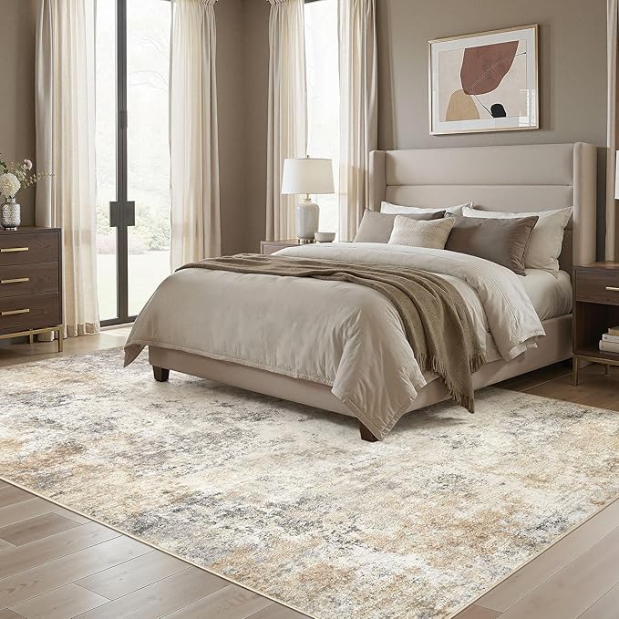 UERMEI 10x14 Area Rug Living Room Rugs - Washable Neutral Modern Abstract Soft Thin Large Rug Indoor Floor No Slip Rug Carpet for Bedroom Under Dining Table Home Office Decor - Golden Grey