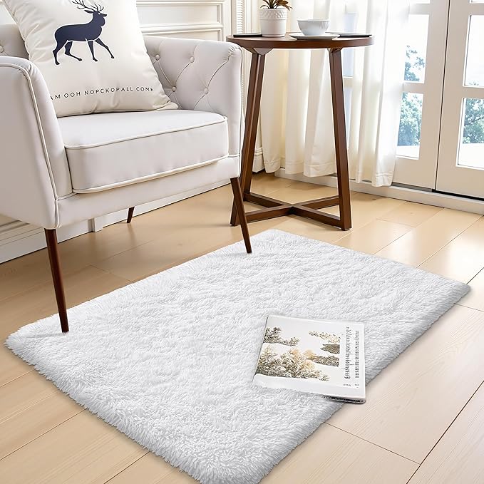 OLANLY 2x3 Machine Washable Small Bedside Rug, Soft Fluffy Shaggy Entryway Throw Rugs for Bedroom, Living Room, Indoor Floor Carpet for Kids Girls and Boys, Nursery Rooms, Home Decor Aesthetic, White