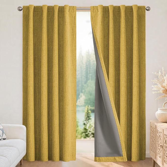 Joydeco Linen Blackout Curtains for Bedroom - 100% Light Blocking 1 Panels, Yellow Drapes 100" W x 120" L, Thermal Insulated Room Darkening Curtains for Living Room, Rod Pocket & Back Tabs