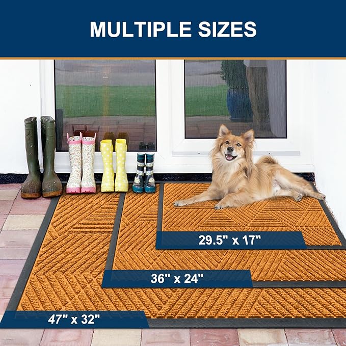 Smiry Front Door Mat Outside Entrance, Heavy Duty Sturdy Natural Rubber Doormat, Trap Dirt and Moisture, Easy Clean Low Profile Mats for Indoor Outdoor Entry, Irregular Triangle (29.5x17, Amber)