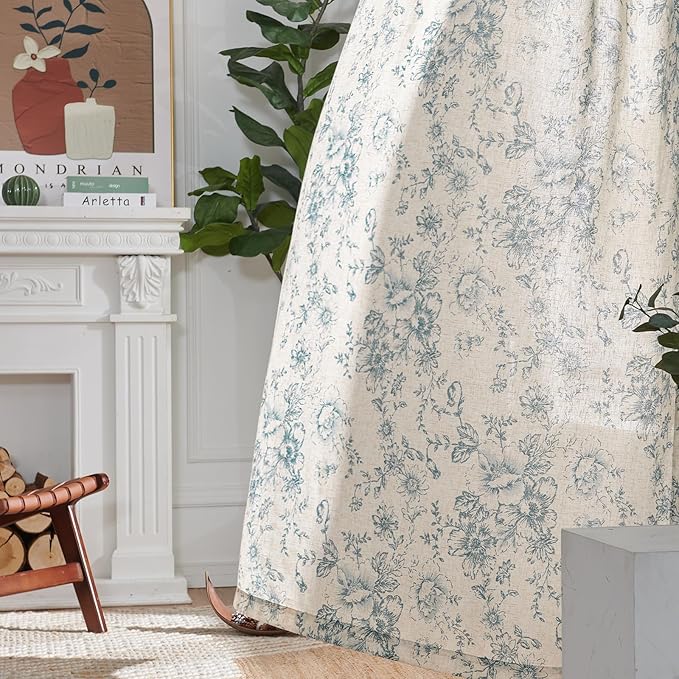 jinchan Linen Blend Curtain Floral Curtains for Living Room 90 Inch Length Blue Printed Curtain Rod Pocket Back Tab Farmhouse Peony Flower Patterned Drapes Bedroom Window Curtains Set 2 Panels