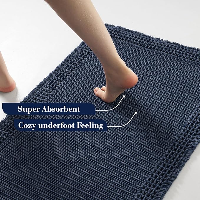 RESARE Waffle Bathroom Runner Rugs, Super Absorbent Bath Mat Non Slip Washable Quick Dry, Upgraded Ultra Soft Boho Bath Rugs with Tassels for Hallway Bedroom Laundry Room, 2'x5'(24"x60"), Navy