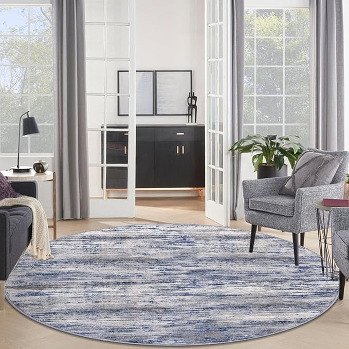 KOZYFLY Round Area Rugs 6Ft Modern Abstract Ombre Circle Rug for Bedroom, Washable Rug Non-Slip Soft Striped Living Room Area Rug, Print Grey-Blue Carpet for Laundry Nursery