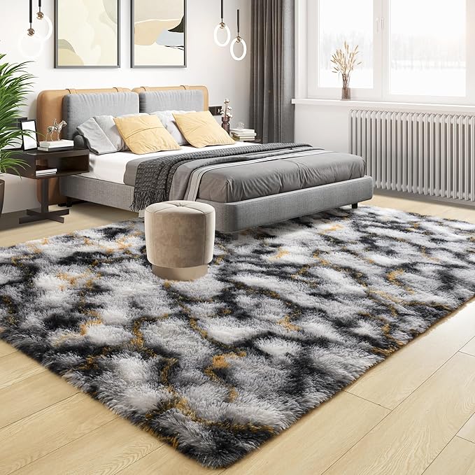 Tepook Soft Fluffy Rugs for Living Room, 5x8 Shaggy Area Rug for Bedroom, Modern Shag Rug Fuzzy Carpets for Kids, Plush Indoor Nursery Home Decor Rug with Non-Slip Bottom, White Black Gold