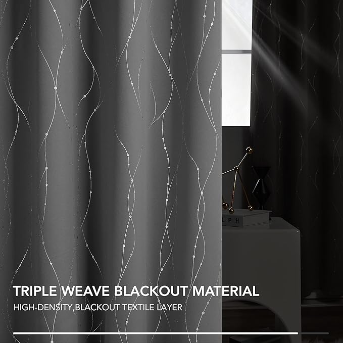 Deconovo Kitchen Curtains, Short Blackout Drapes 52 x 54 Inch, Thermal Insulated Soundproof Grommet Drape, Silver Wave Dots Foil Print Curtain for Small Windows, Living Room, Light Grey, Set of 2