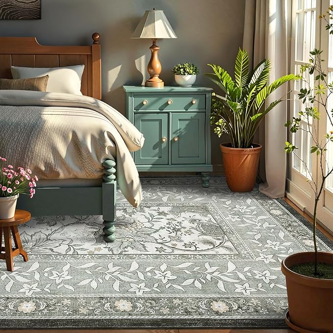 GarveeHome Provence 5x7 Area Rugs, Botanical Grove Soft Cottagecore Non-Slip Washable Rug for Bedroom Living Room Nursery Kitchen Low-Pile Retro Carpet Gray Fog Green