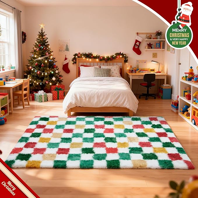 Checkered Area Rug 5x8 for Bedroom Living Room, Christmas Shag Rug Fuzzy Shaggy Bedside Carpet, Indoor Plush Floor Rugs for Kids Boys Girls Room Holiday Home Decor