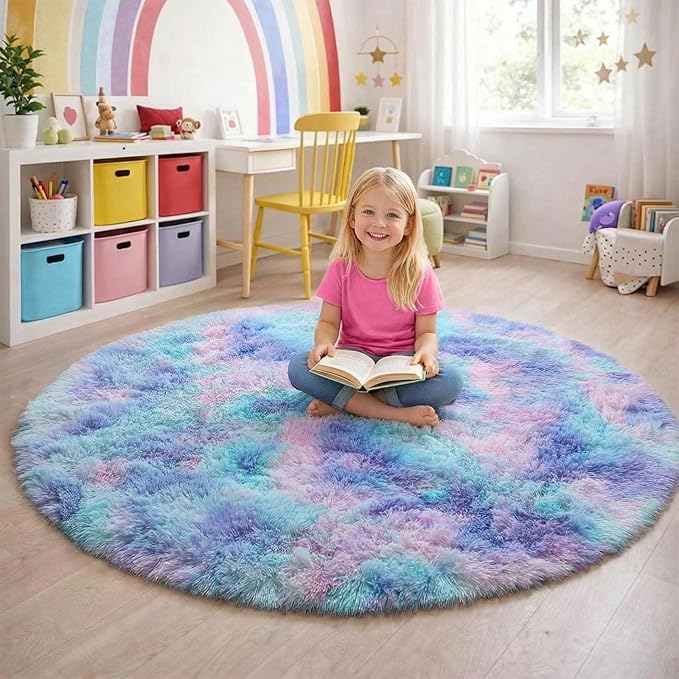 Amdrebio Purple Rainbow Round Rug 6Ft for Bedroom Girls Room Decor, Mermaid Stitch Frozen Kids Rugs for Playroom Nursery Classroom, Fluffy Fuzzy Cute Shag Carpet, Plush Circle Area Rugs for Princess