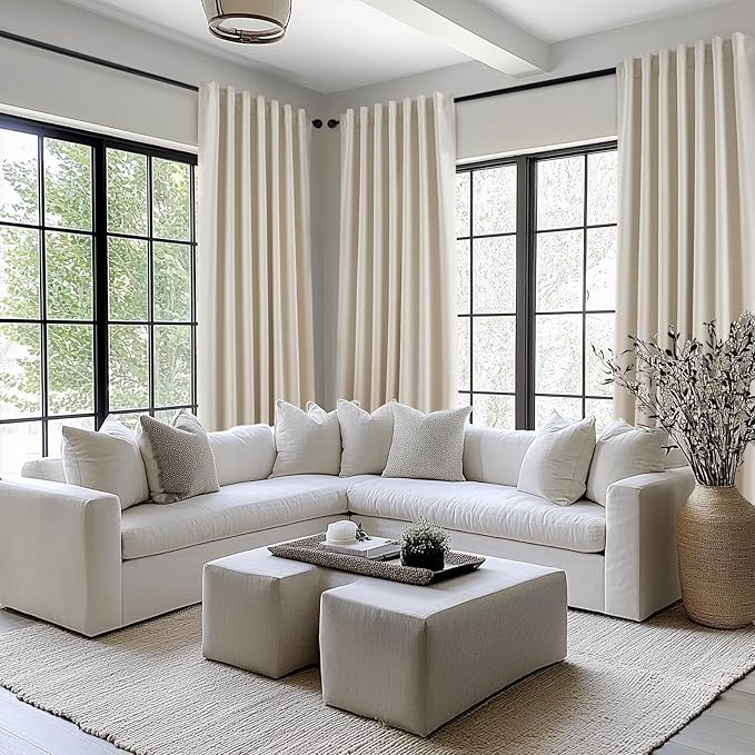 Extra Long 120 Inch Blackout Curtains for Large Window Treatment Natural Farmhouse Thick Linen Texture Sound Proof Drapes Room Divider Pleat Ceiling Track Burg Bedroom 10Ft(W52 xL132 2 Panels)