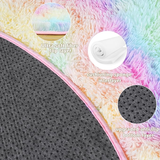 3'x3' Rainbow Round Rugs for Girls Bedroom, Ultra Soft Fluffy Circle Rug for Kids Room, Cute Small Shag Rugs for Living Room Playroom Tent Castle Home Decor Rug
